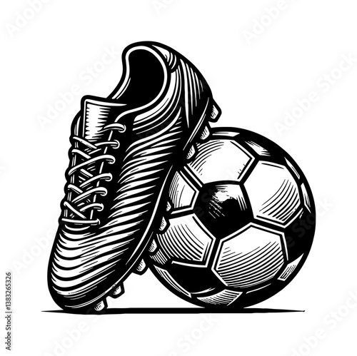 Soccer Ball with Cleat Detailed Black and White Illustration Perfect for Sports Concepts