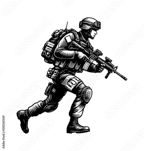 Soldier in Full Gear Running with Rifle, Detailed Black and White Line Art Drawing