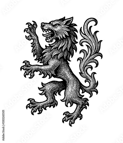 Heraldic Wolf Rampant Engraving with Floral Detail in Black and White, Roaring Fiercely