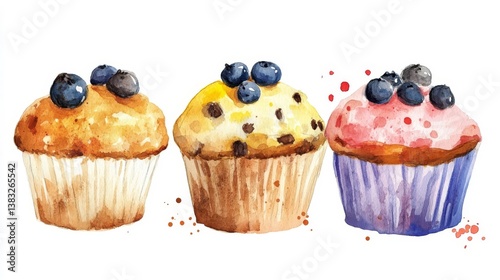 Watercolor delights: a trio of delectable cupcakes with blueberry toppings and colorful frosting.