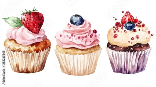 A trio of watercolor cupcakes: delightful confections with berries and creamy frosting.