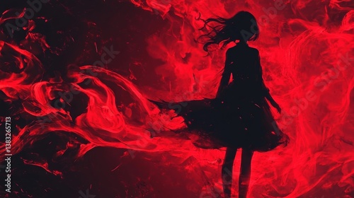 Crimson silhouette: a figure amidst fiery whispers, enshrouded in mystical red hues.