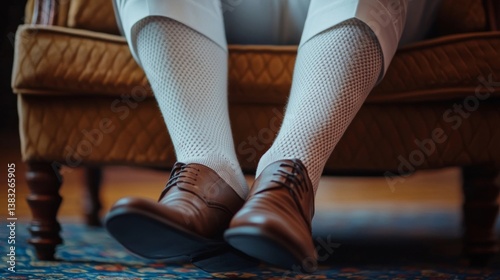 Leisurely stillness: brown oxford shoes and knitted socks resting on a floral rug beside a plush armchair.