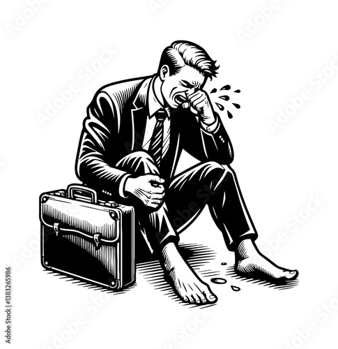 Desperate Businessman Crying Sitting on Floor with Briefcase in Black and White Illustration