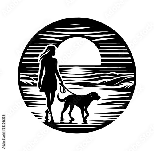 Woman walking dog on the beach with sunset background, vector art, black and white
