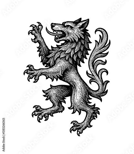 Engraved Heraldic Wolf Rampant with Sharp Claws and Detailed Fur in Black and White