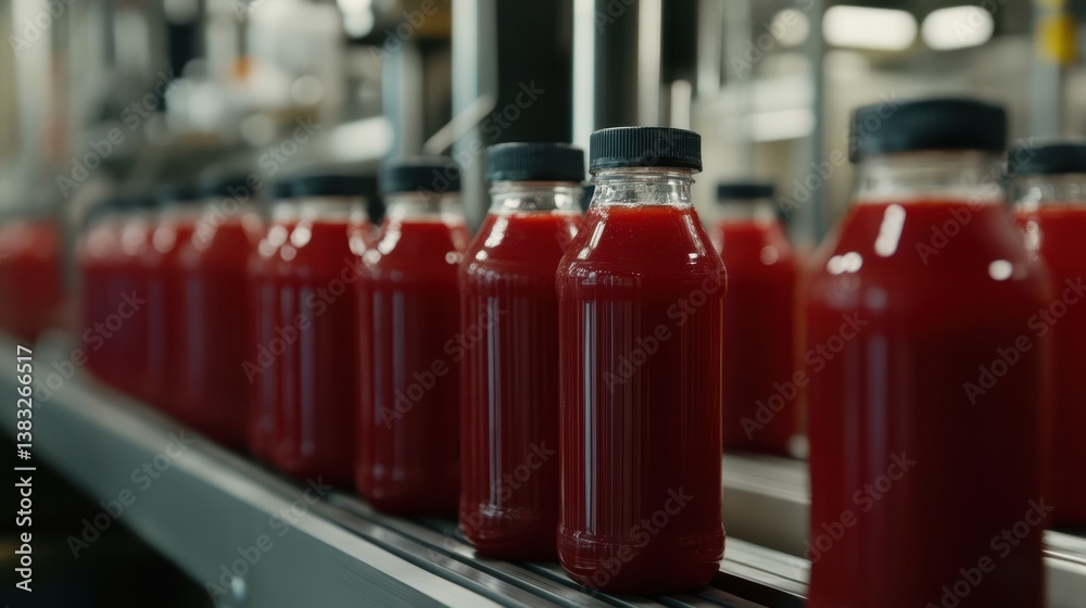 Juice drinks moving along a production factory conveyor highlight the streamlined process of beverage manufacturing. Juice drinks moving along a production factory conveyor highlight the streamlined process of beverage manufacturing.
