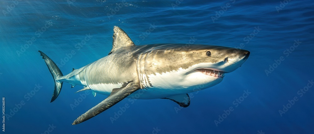 Naklejka premium Majestic great white shark swimming gracefully in the deep blue ocean with sun rays underwater wildlife photography