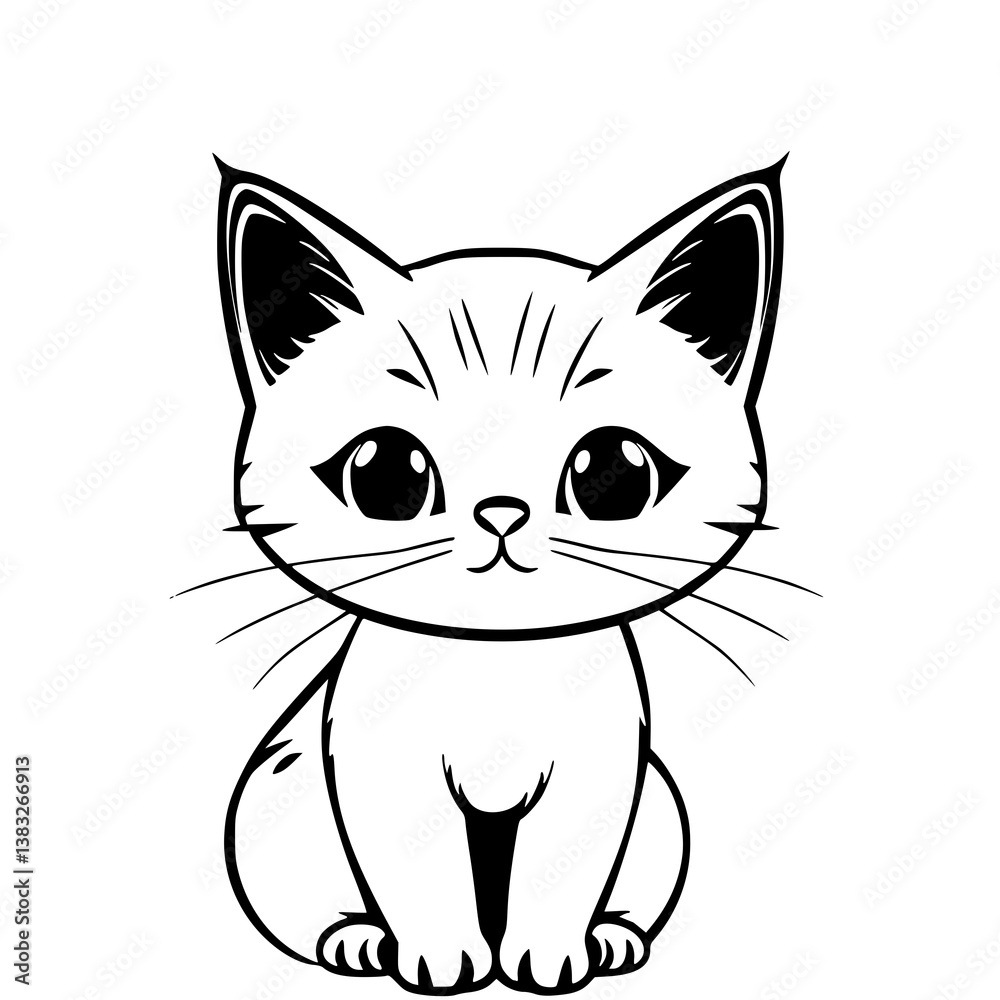 Obraz premium Cat cartoon illustration with black outline and white fur, sitting cute pose with big eyes. featuring kitty, kitten, feline