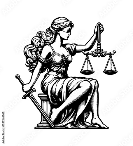 Lady Justice Holding Scales of Justice and Sword Sitting on Pedestal Black and White Engraving