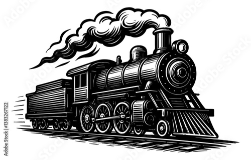 Vintage Steam Train Engine with Smoke on the Railway Track in Black and White Engraving Style