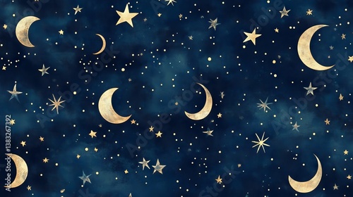 Celestial dreamscape: a deep blue sky adorned with golden crescent moons and twinkling stars.
