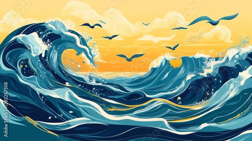 Coastal majesty: turbulent waves beneath a tranquil sky with soaring birds.