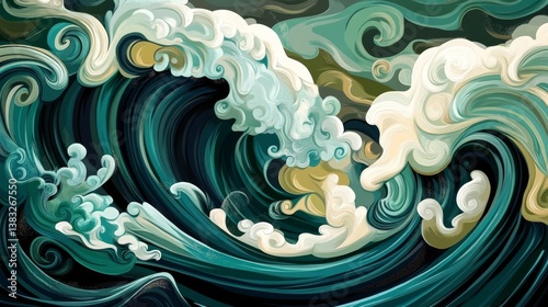 A symphony of teal: dynamic ocean wave composition with foam crests and painterly brushstrokes.