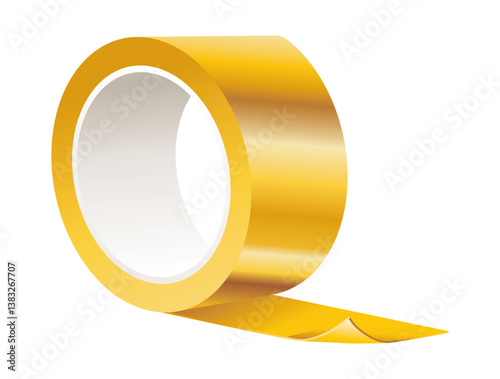 Yellow adhesive tape on a white background. Adhesive tape roll, masking tape, packing tape, tape dispenser, adhesive tape in a roll. Adhesive tape, office equipment. Office supplies, office equipment.