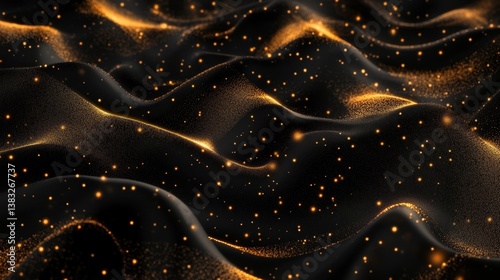 Opulent black silk waves adorned with golden glimmers: a dance of light and shadow.