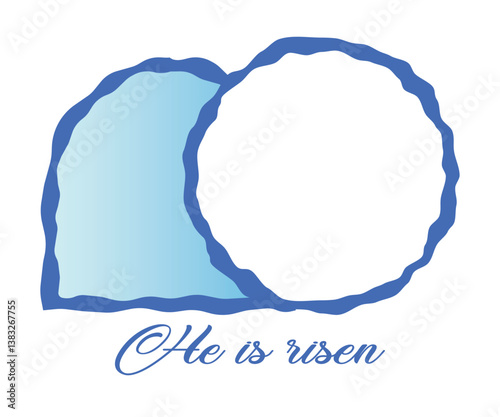 He's not here, he's risen. Empty and open tomb of Jesus. Cave with fallen off stone. Scripture. Gospel. Easter greetings. EPS 10. Vector illustrations