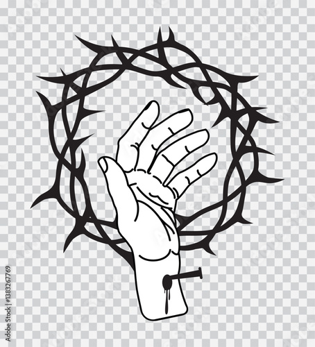 The hand of Jesus is pierced with a nail against the background of a crown of thorns. EPS 10. Vector illustrations