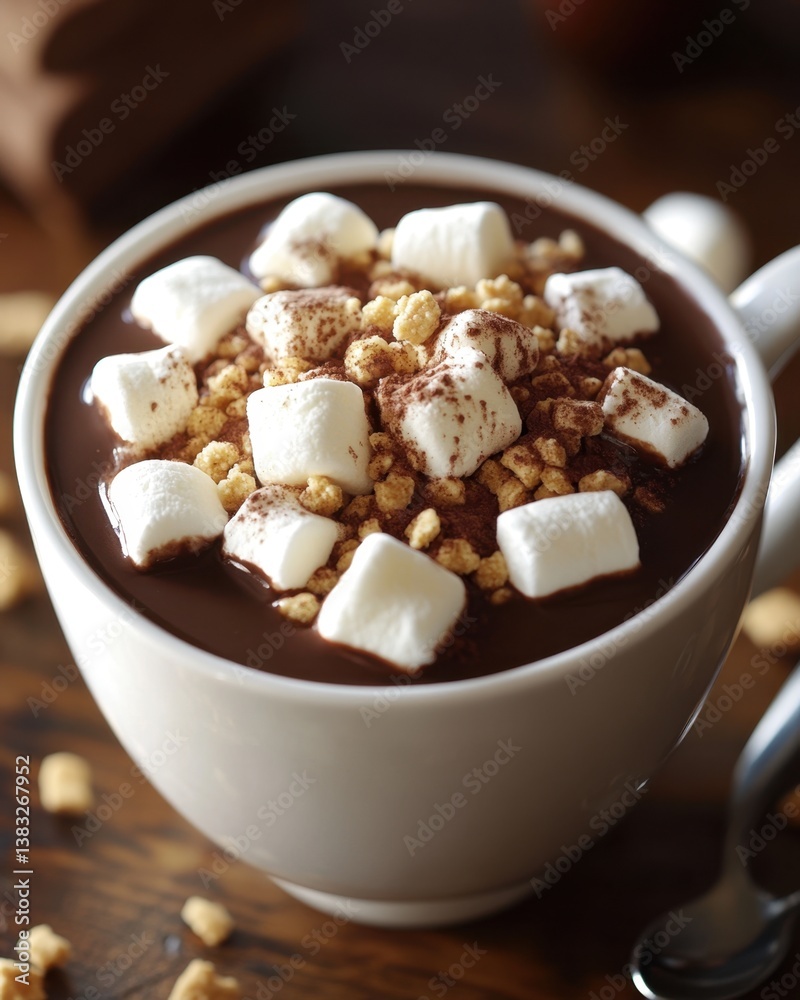 Warm Indulgence Awaits A Cup of Hot Chocolate with Marshmallows and Cereal Topping on a Wooden Table Warm Indulgence Awaits A Cup of Hot Chocolate with Marshmallows and Cereal Topping on a Wooden Table