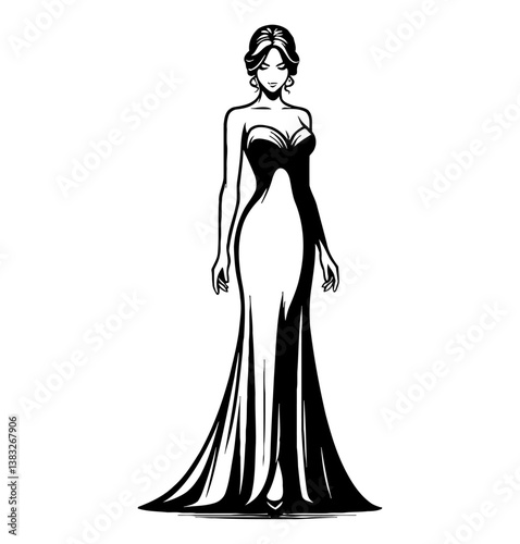 Elegant Woman Standing Posing in Long Dress Black and White Silhouette Vector Illustration
