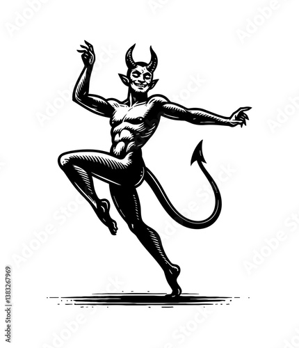 Devil Dancing with Arms Outstretched and Smiling in Black and White Detailed Woodcut Style