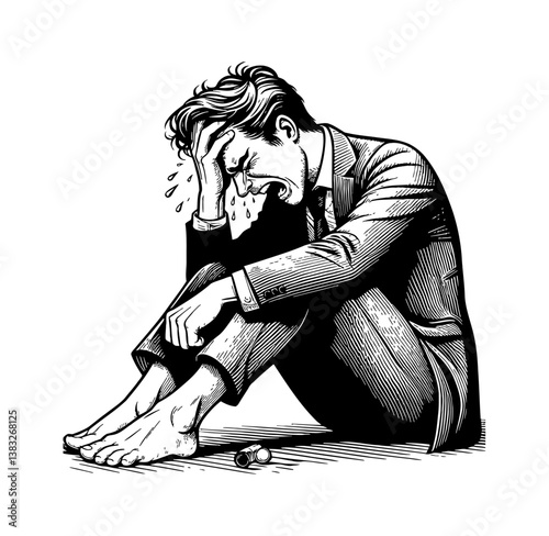 Depressed Businessman Crying and Sitting on Floor with Head in Hand in Detailed Line Art