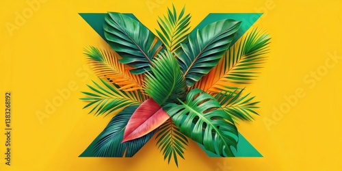 A vibrant arrangement of tropical leaves forming an abstract X shape on a bright yellow background.