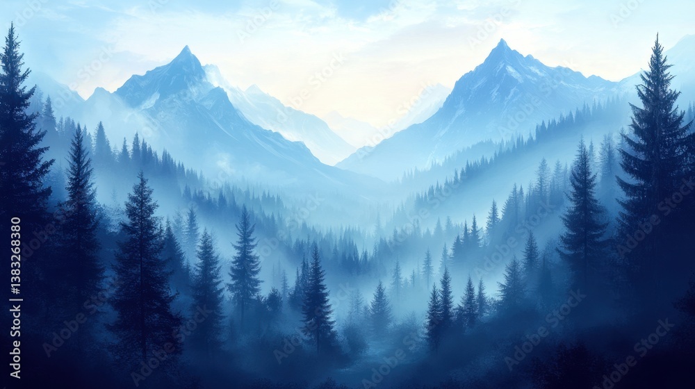 Ethereal mountain landscape with fog shrouded pine forest in cool blue tones creating a serene and scenic vista from a high angle perspective Ethereal mountain landscape with fog shrouded pine forest in cool blue tones creating a serene and scenic vista from a high angle perspective