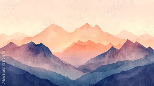 Watercolor mountain vista: an atmospheric palette of peaks and valleys at daybreak.