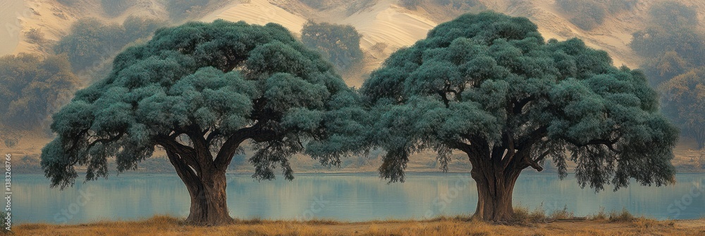 Fototapeta premium Two majestic trees by a serene lake