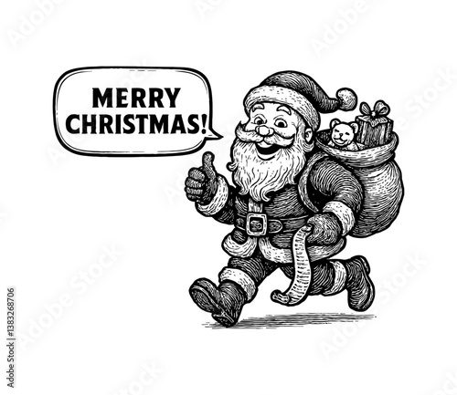 Santa Claus Giving a Thumbs Up with a Bag Full of Gifts and Teddy Bear in Engrave Style