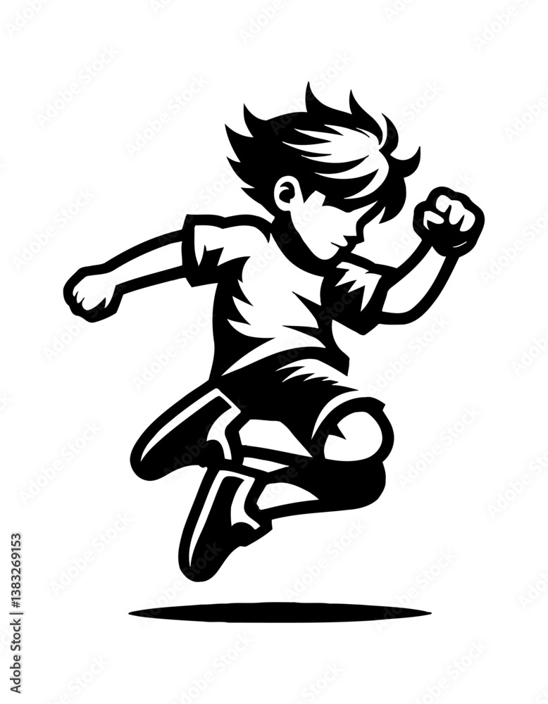 Boy Leaping Forward with Determination in Black and White Vector Illustration Boy Leaping Forward with Determination in Black and White Vector Illustration