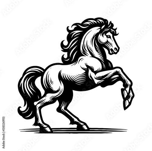 Majestic Horse Standing Upright in a Bold Black and White Vector Illustration