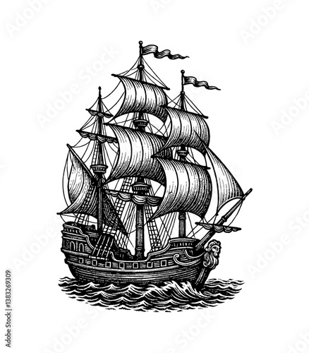 Engraved Illustration of a Sailing Ship on the Water in Detailed Black and White
