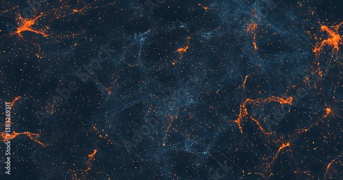 Abstract Cosmic Network Visualization with Glowing Orange Nodes and Blue Web Connections in Deep Space
