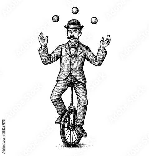 Man riding a unicycle while juggling balls in the air in engraved style illustration