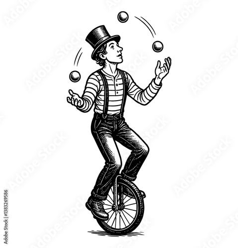 Man Riding Unicycle and Juggling Balls with a Top Hat in Vintage Detailed Black and White Drawing