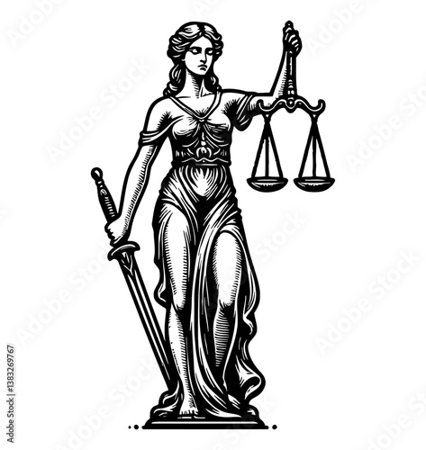 Lady Justice Holding Scales and Sword in Detailed Black and White Engraving Style