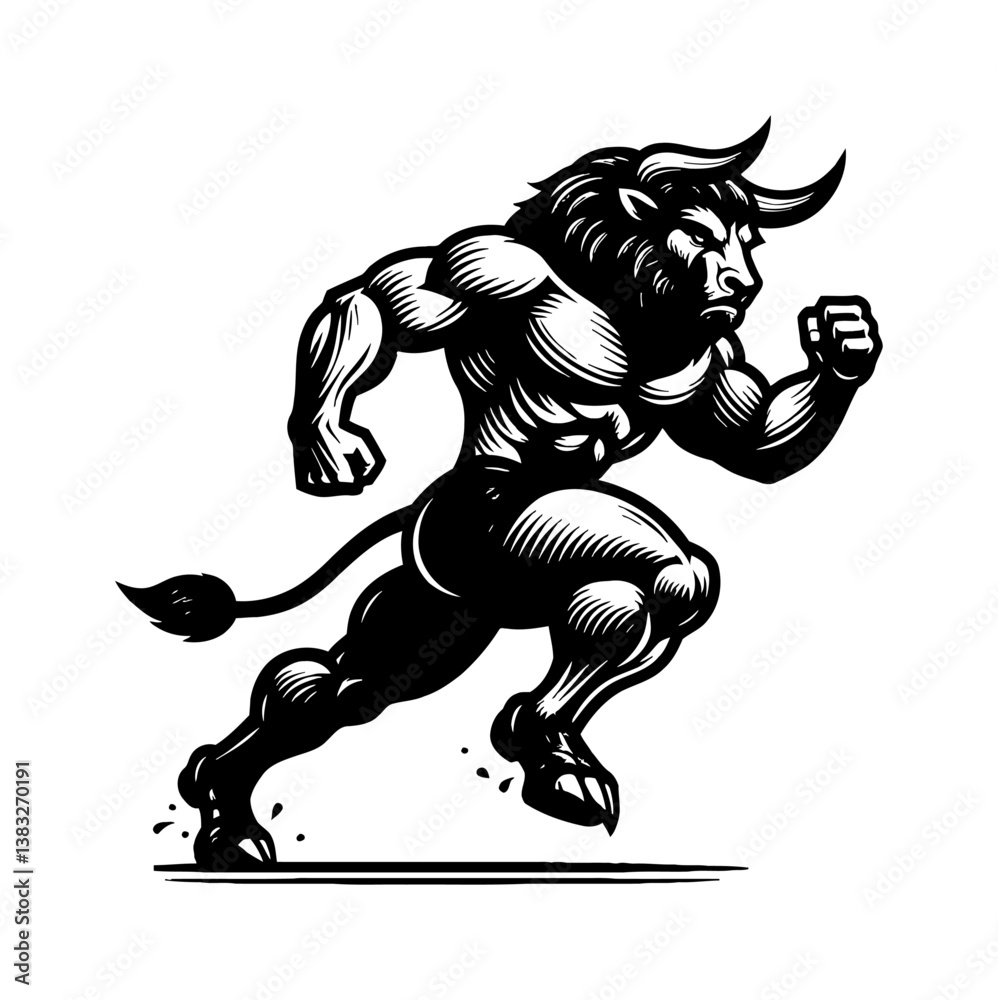 Obraz premium Powerful Bull Mascot Running in Black and White Engraved Illustration Style with Strong Expression