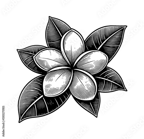 Detailed Engraved Illustration of Frangipani Flower and Leaves in Black and White