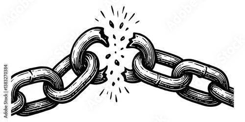 Broken Chain Represents Freedom, Overcoming Obstacles in Detailed Black and White Drawing