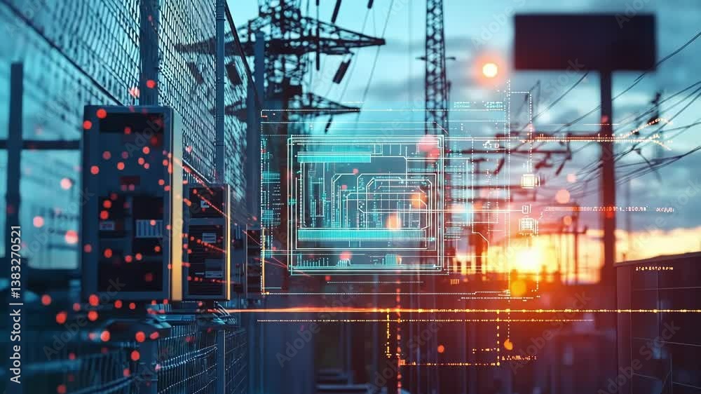 Futuristic cyber security system is protecting an electrical power grid infrastructure at sunset, ensuring energy supply and preventing cyber attacks