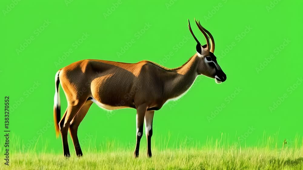 A majestic sable antelope standing in a grassy field against a vibrant green screen, concept for wildlife documentaries, nature conservation campaigns, and zoological exhibits