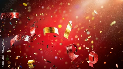 Abstract red festive background with golden confetti and streamers