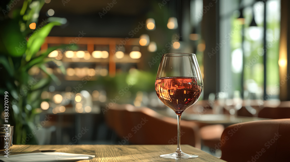 Obraz premium Wine glass is filled with red wine on a table in a restaurant. The atmosphere is cozy and inviting, with a potted plant in the background and a few chairs around the table