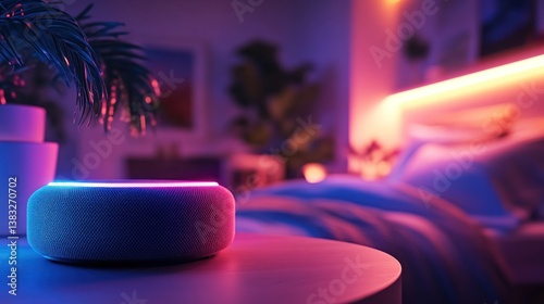 Smart speaker on nightstand in a vibrant bedroom