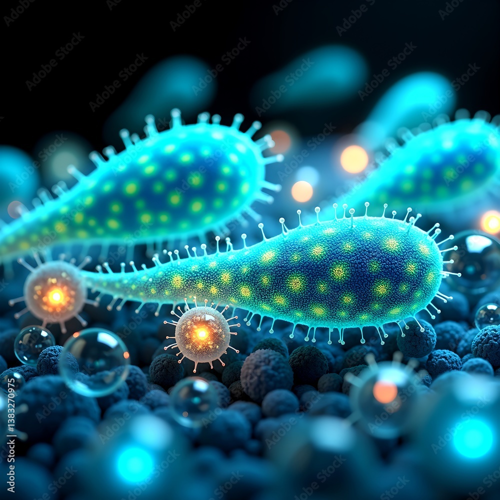 Microscopic View of Cyan Blue Bacteria Cells and Viruses Multiplying on a Cellular Surface Microscopic View of Cyan Blue Bacteria Cells and Viruses Multiplying on a Cellular Surface