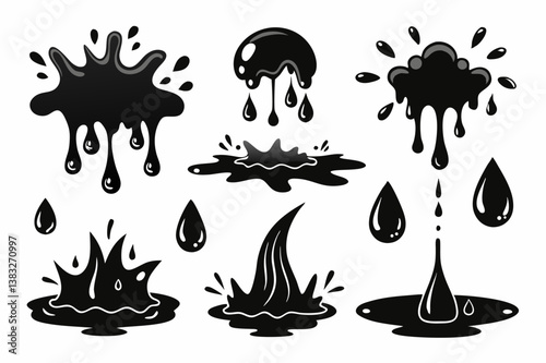 Puddles drops splashing water. Dripping liquid elements, isolated black ink flow. Tears flowing vector and silhouettes, oil or rain drips