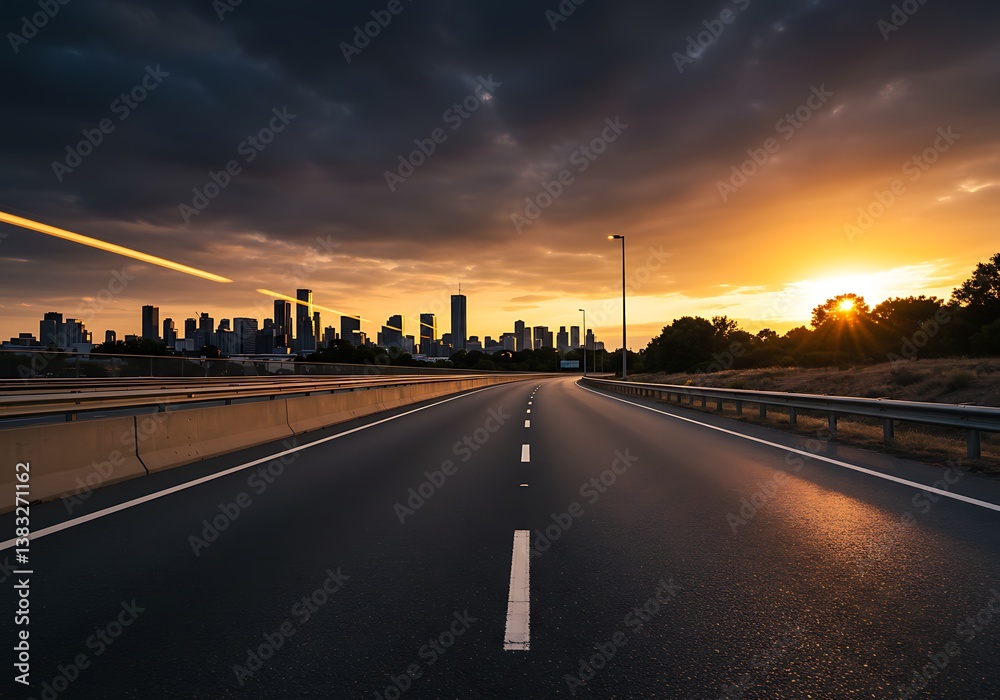 A solitary highway stretching towards a vibrant city skyline at sunset, bathed in warm golden light and dramatic clouds. A solitary highway stretching towards a vibrant city skyline at sunset, bathed in warm golden light and dramatic clouds.