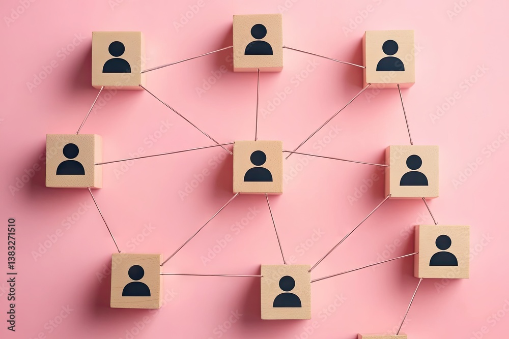 Connected team of people represented by wooden blocks Connected team of people represented by wooden blocks